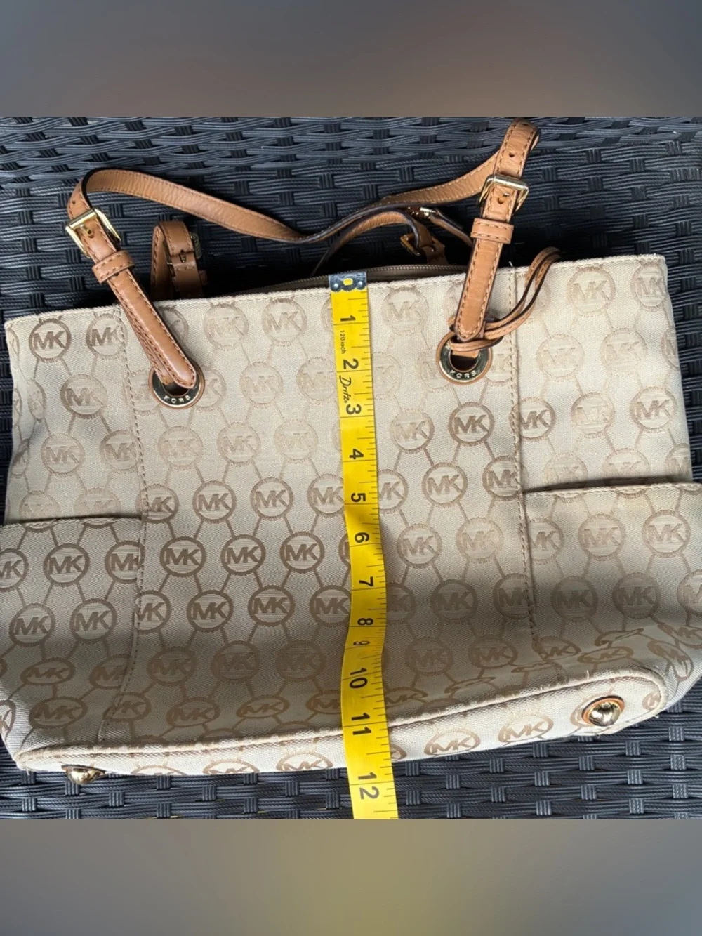 Michael Kors Tan Beige MK Logo Canvas Tote with Leather Straps